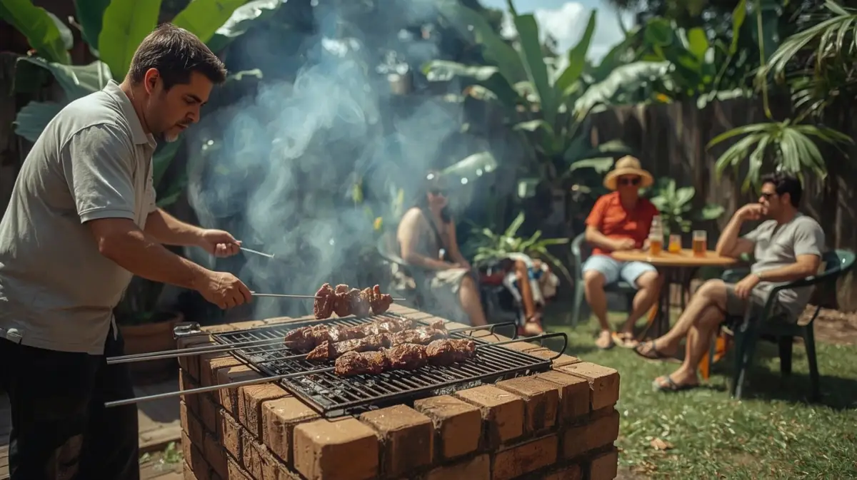 Um churrasco no quintal, com amigos conversando perto da churrasqueira