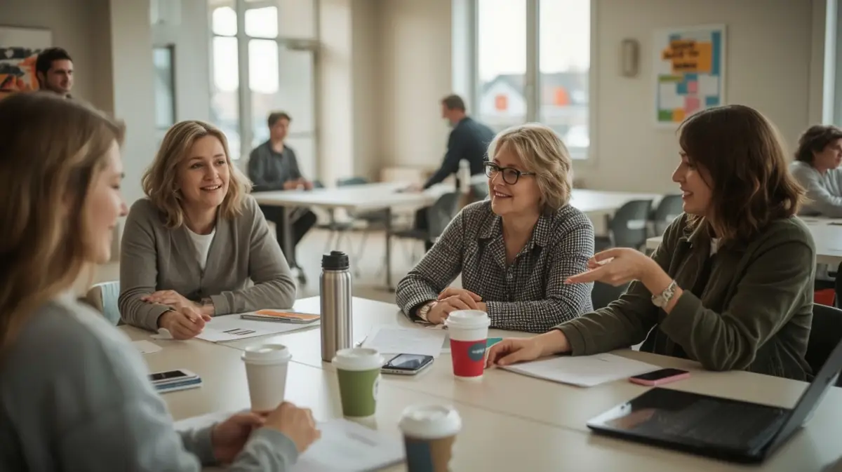 Ehrenamtliche eines Vereins besprechen sich im Gemeindesaal