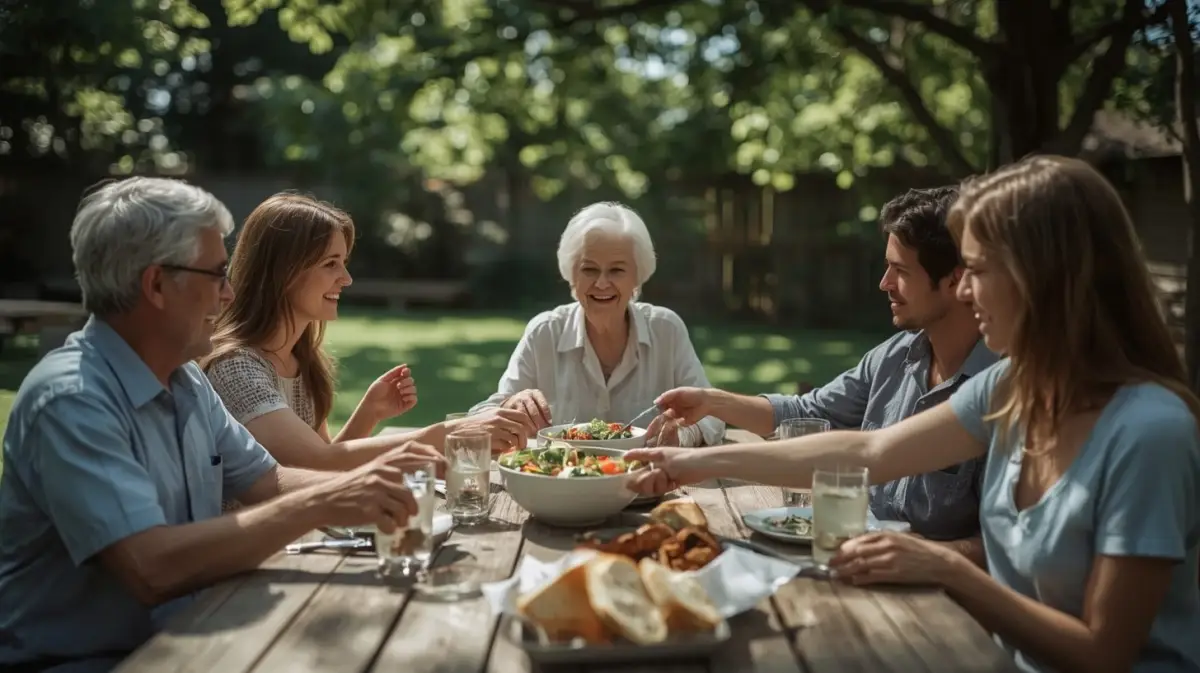 Tres generaciones de una familia comiendo juntas en el jardín