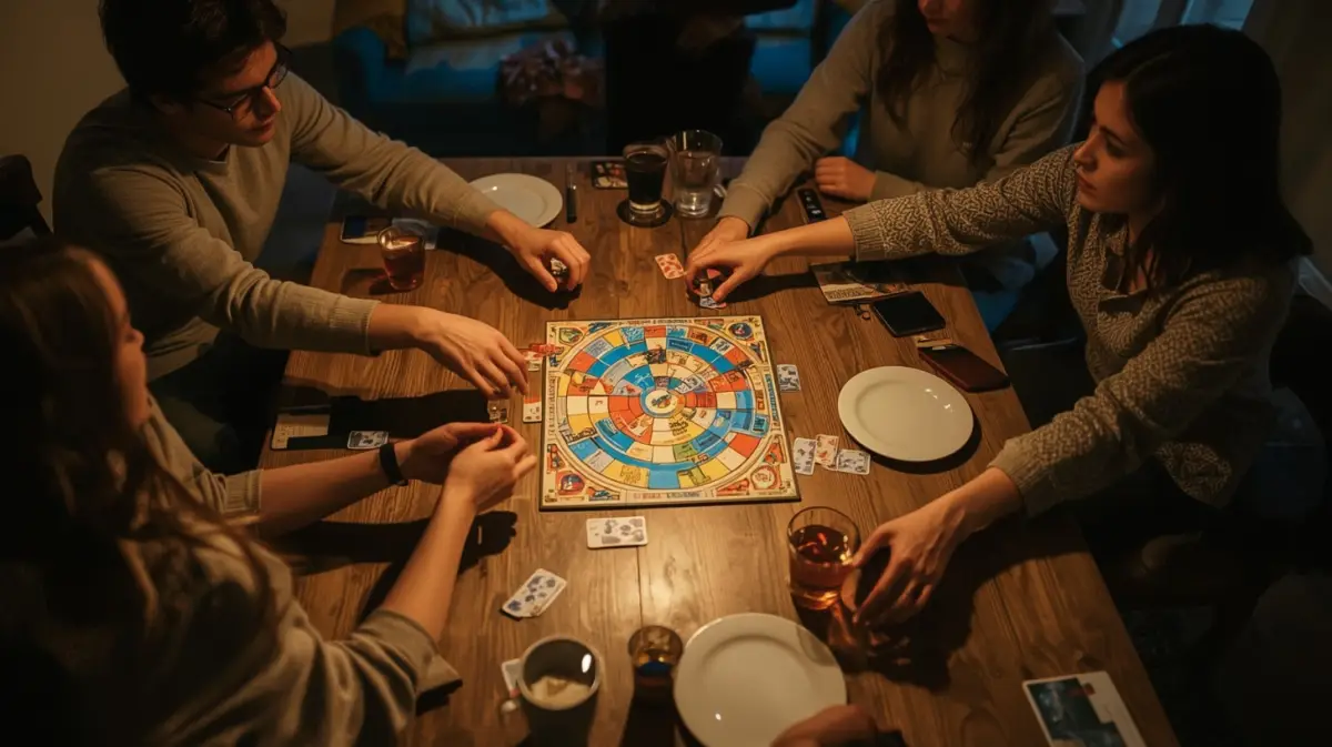 Amigos alrededor de una mesa jugando a un juego de mesa por la noche