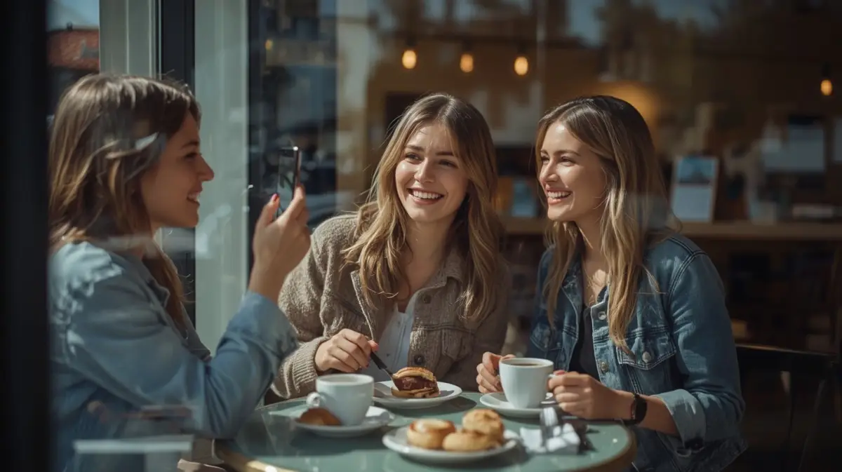 Freunde im Café schauen zusammen auf ein Handy