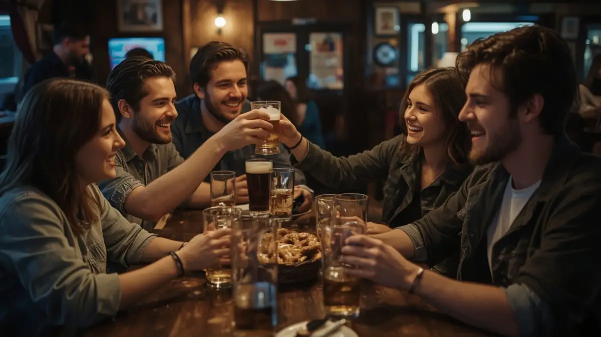 Freunde stoßen am Stammtisch in der Kneipe an