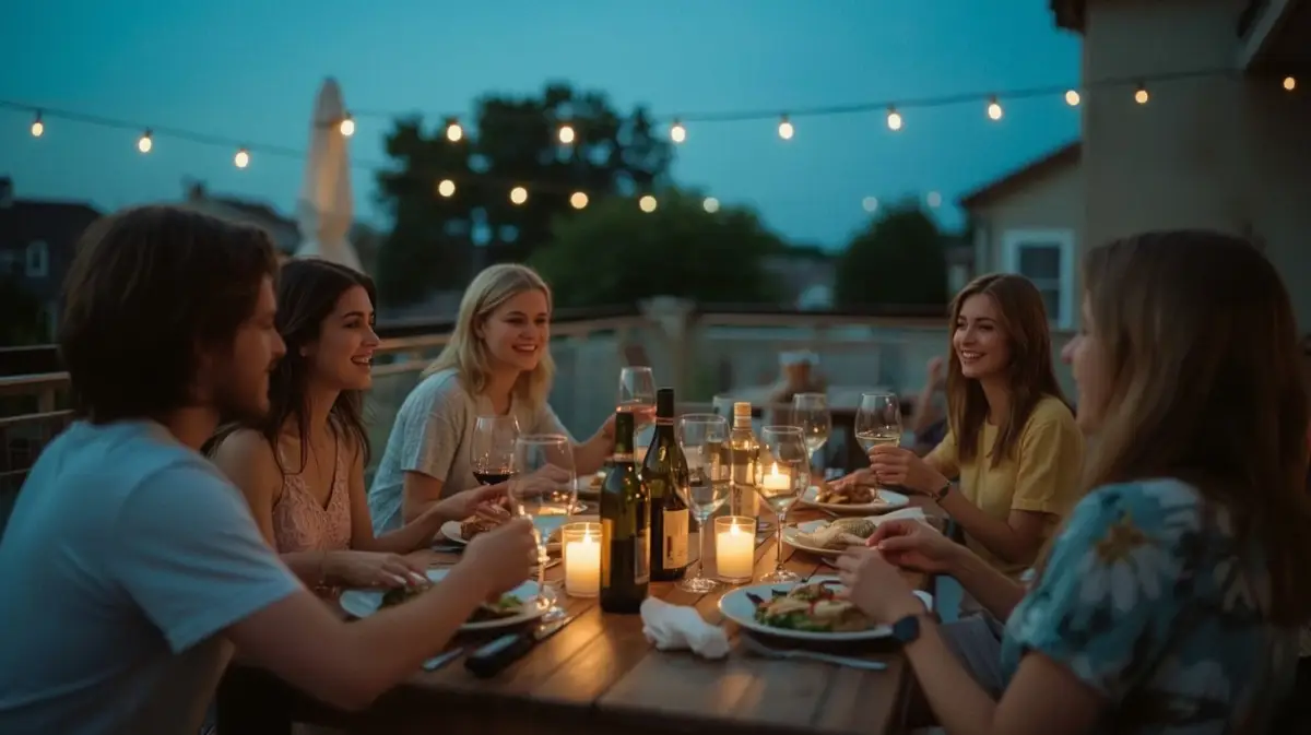 Des amis dînent sur une terrasse sous une guirlande lumineuse