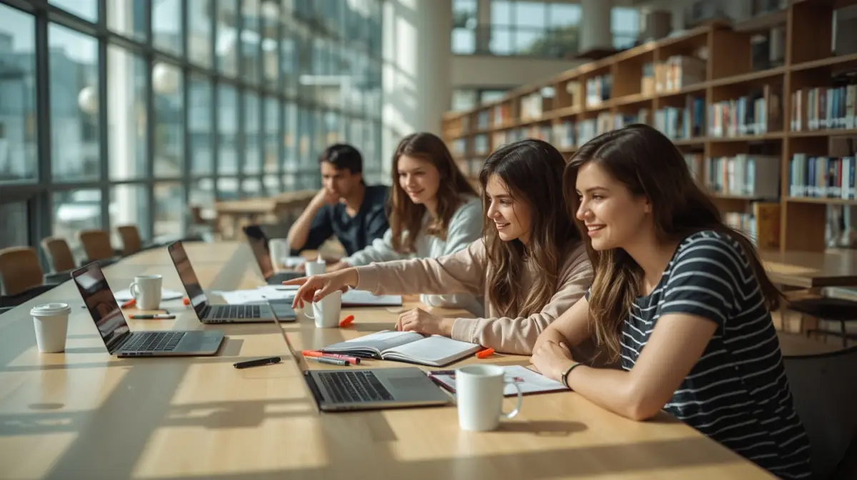 Studierende lernen gemeinsam an einem Tisch in der Bibliothek